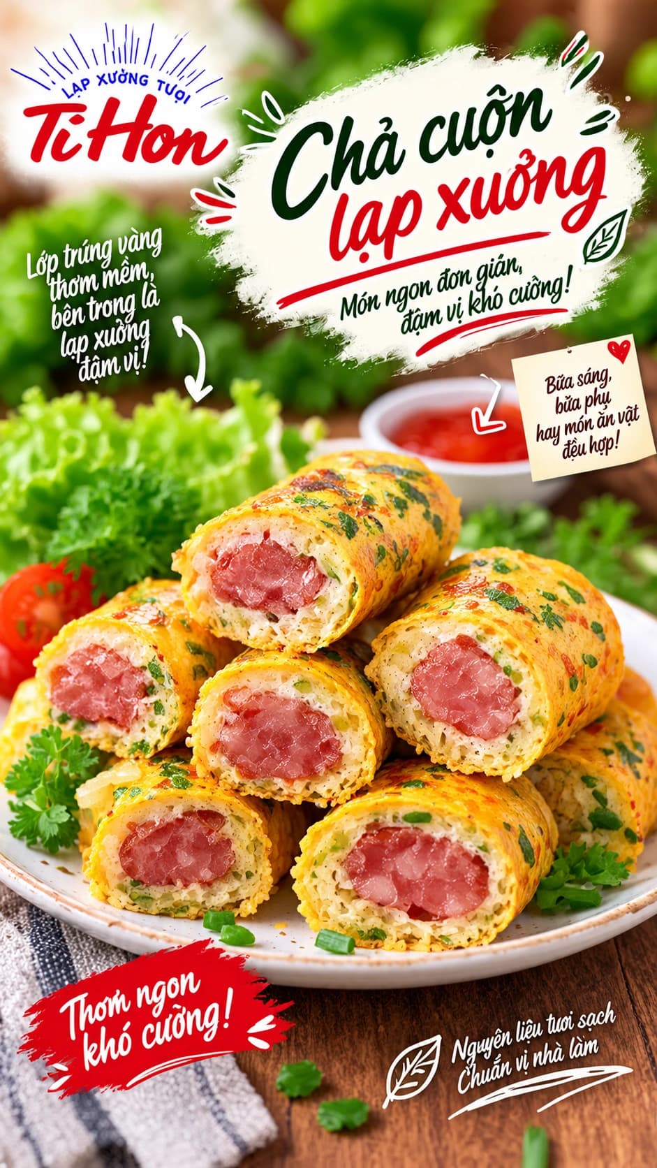Chả cuộn lạp xưởng tươi Tí Hon cắt khoanh vàng ươm