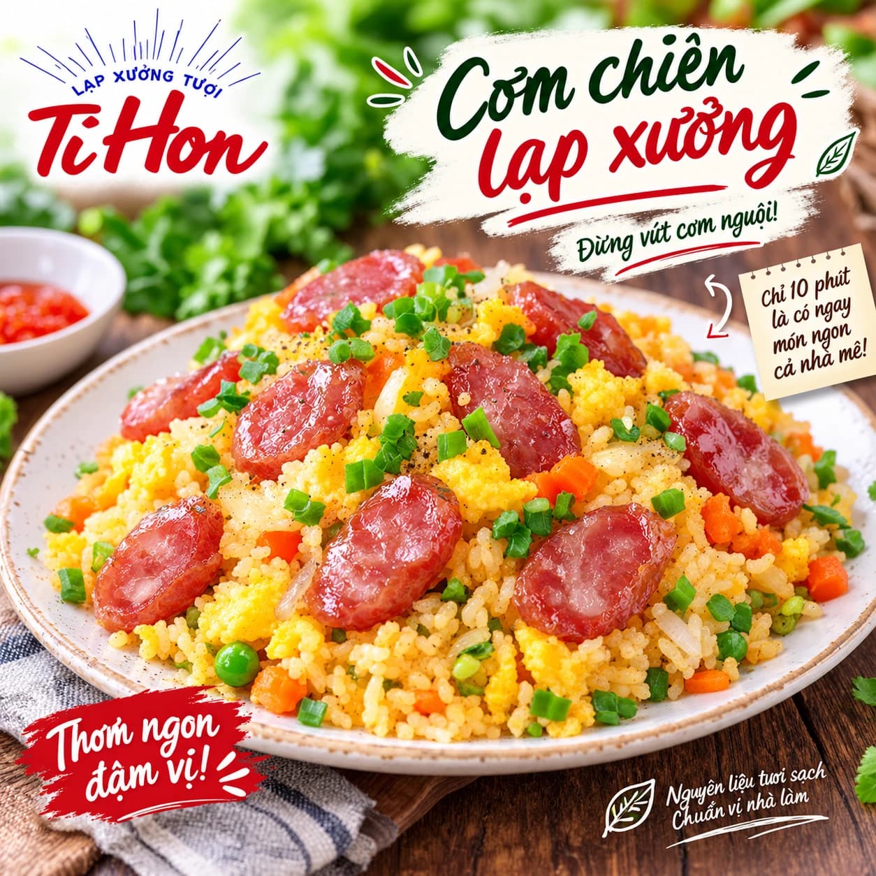 Đĩa cơm chiên lạp xưởng tươi Tí Hon vàng tơi